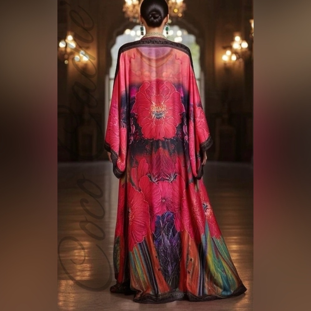 Elegant Floral Print Kaftan Oversized Maxi Kimono Tunic Poncho Coverup - Picture 3 of 14